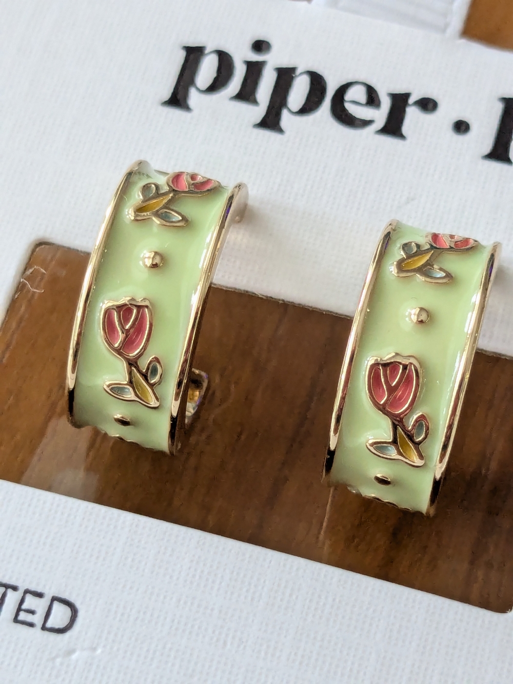 Piper K Pastel Green Enamel Hoop Earrings With Pink Floral Design - NEW